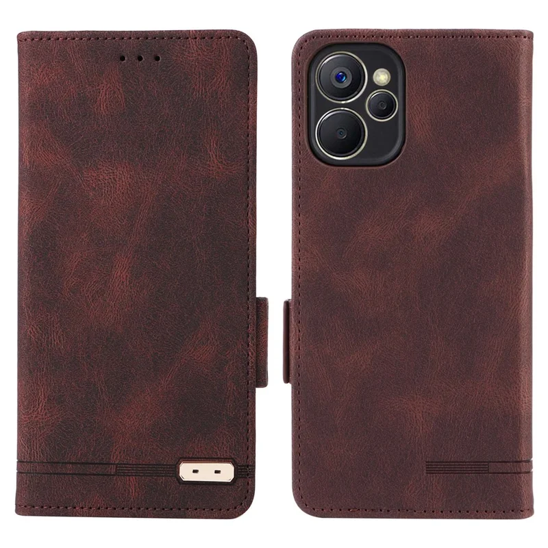 Hardware Decor Phone Case for Realme 9i 5G / 10 5G, Dual Magnetic Clasp PU Leather Wallet Stand Drop-proof Cell Phone Cover - Coffee