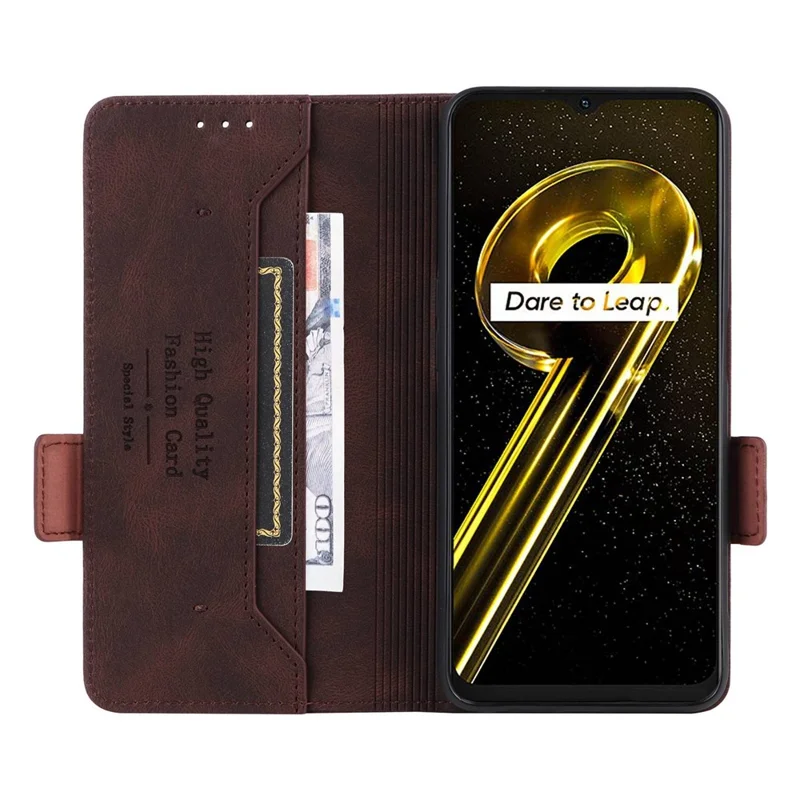 Hardware Decor Phone Case for Realme 9i 5G / 10 5G, Dual Magnetic Clasp PU Leather Wallet Stand Drop-proof Cell Phone Cover - Coffee