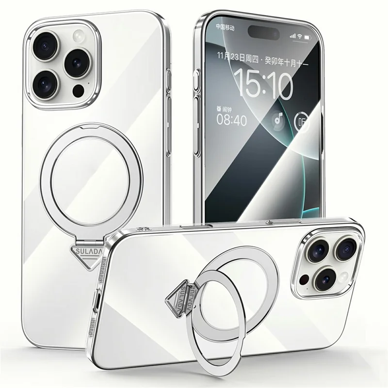 SULADA For iPhone 16 Pro Max Case Compatible with MagSafe Kickstand Clear PC Phone Cover - Titanium Silver