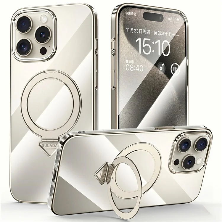 Funda SULADA para iPhone 15 Pro Max Compatible con MagSafe con Soporte Plegable - Carcasa Transparente de PC - Gris Titanio