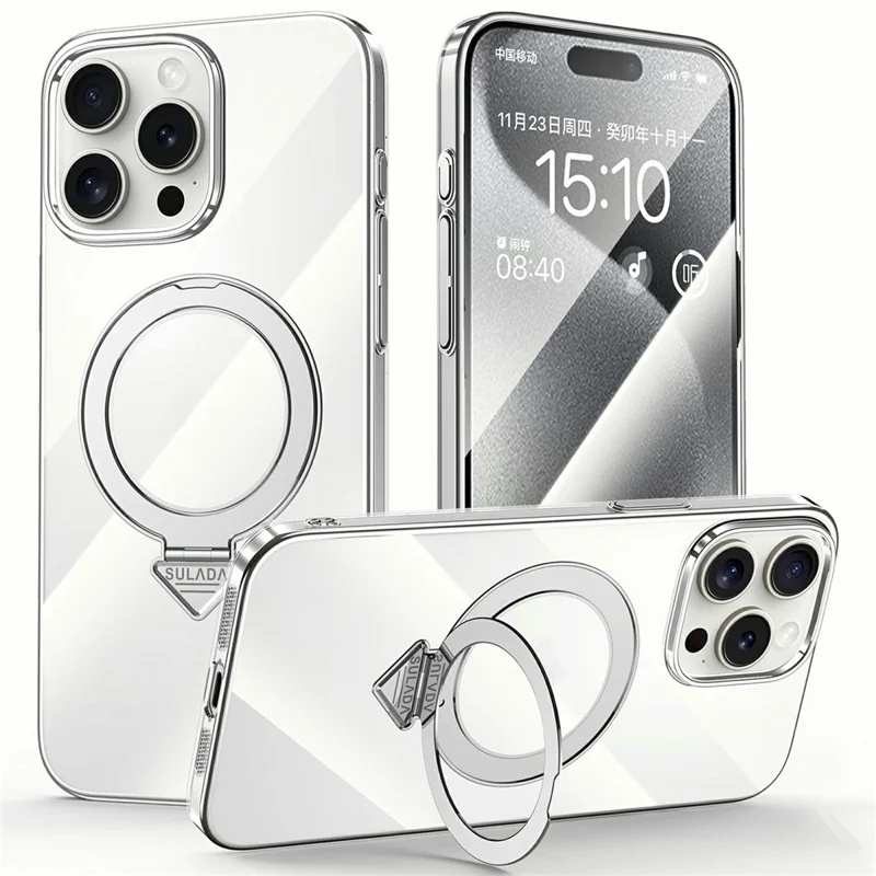 SULADA For iPhone 15 Pro Max Case Compatible with MagSafe Kickstand Clear PC Phone Cover - Titanium Silver