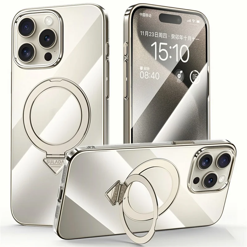SULADA For iPhone 15 Pro Case Compatible with MagSafe Kickstand Clear PC Phone Cover - Titanium Grey