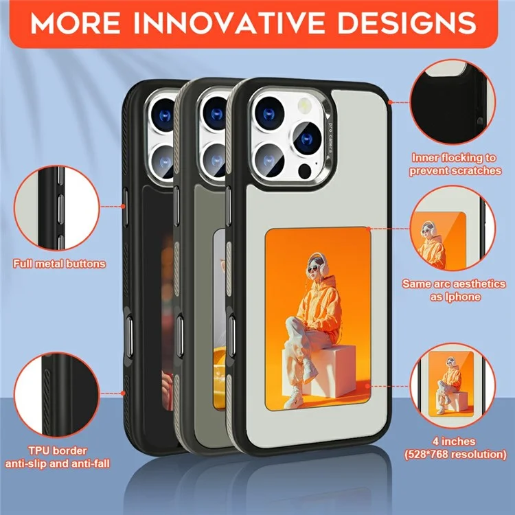 For iPhone 15 Pro E-Ink Case 4 inch HD 4 Colors Phone Cover Supports NFC Transfer DIY Pictures - Black