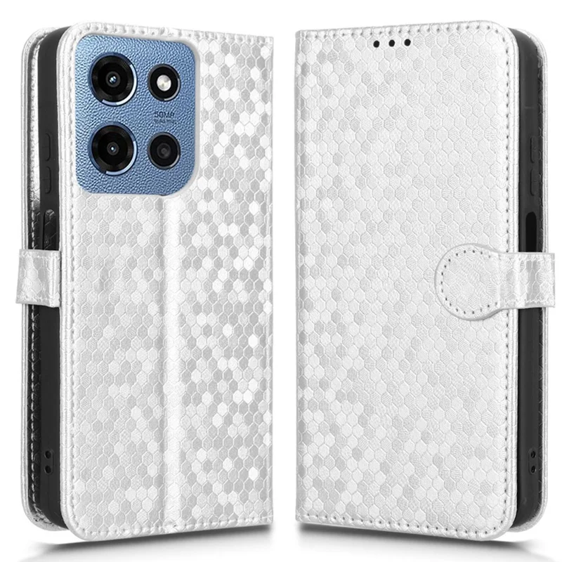 For Motorola Moto G Power (2025) / G Play (2025) 4G Case Wallet Dot Pattern Imprint PU Leather Phone Cover - Silver