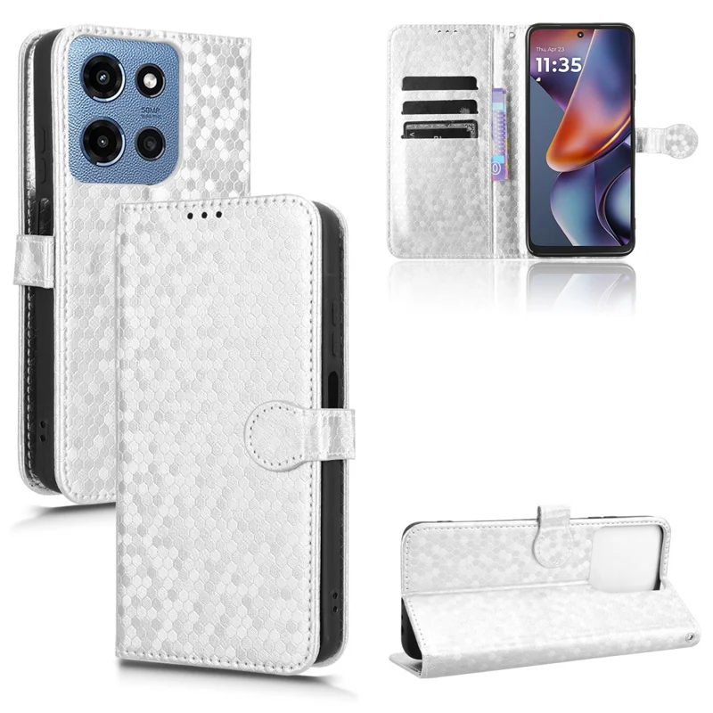 For Motorola Moto G Power (2025) / G Play (2025) 4G Case Wallet Dot Pattern Imprint PU Leather Phone Cover - Silver
