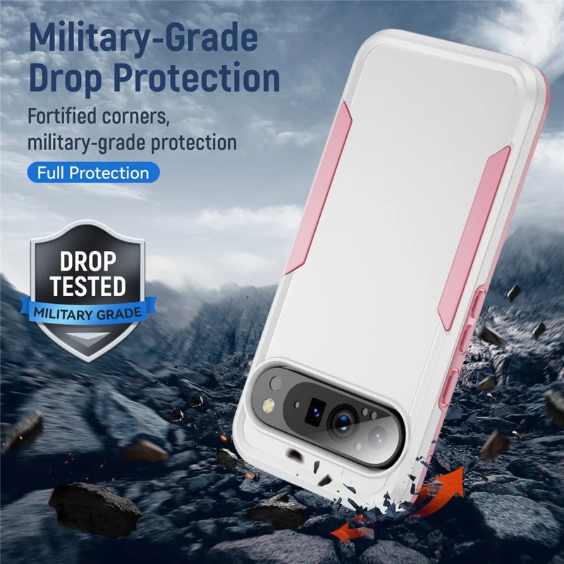 For Google Pixel 9 Pro XL Case PC + TPU Military Grade Drop Protective Phone Cover - White + Pink
