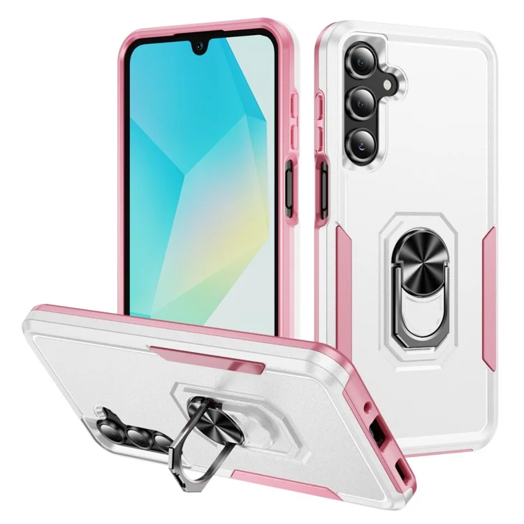 Für Samsung Galaxy A26 5G Hülle Militärstandard Ring Ständer PC + TPU Handyhülle - Weiß + Rosa