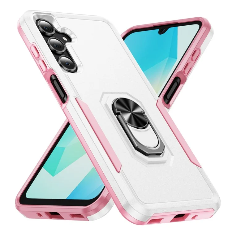 Für Samsung Galaxy A26 5G Hülle Militärstandard Ring Ständer PC + TPU Handyhülle - Weiß + Rosa