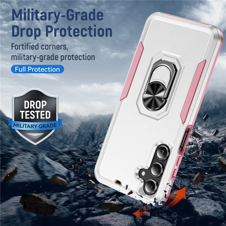 Für Samsung Galaxy A26 5G Hülle Militärstandard Ring Ständer PC + TPU Handyhülle - Weiß + Rosa