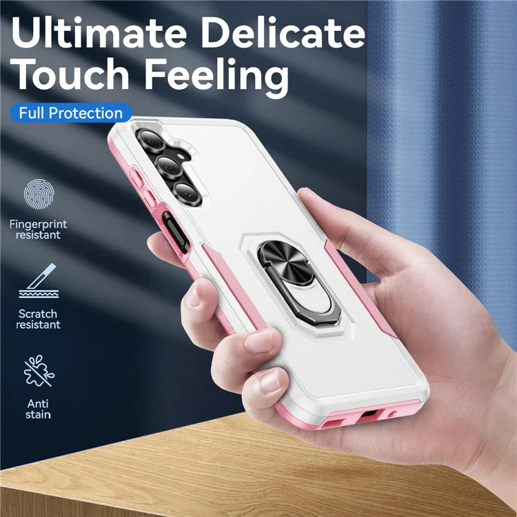 Für Samsung Galaxy A26 5G Hülle Militärstandard Ring Ständer PC + TPU Handyhülle - Weiß + Rosa
