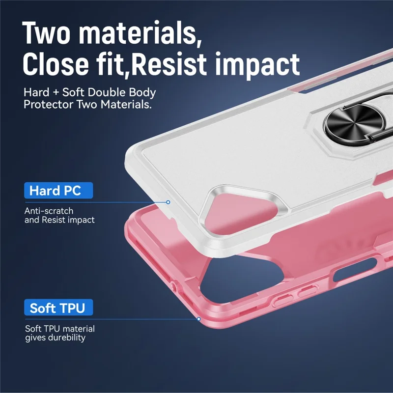 For Samsung Galaxy A06 5G Case Military Grade Ring Kickstand PC + TPU Phone Cover - White + Pink