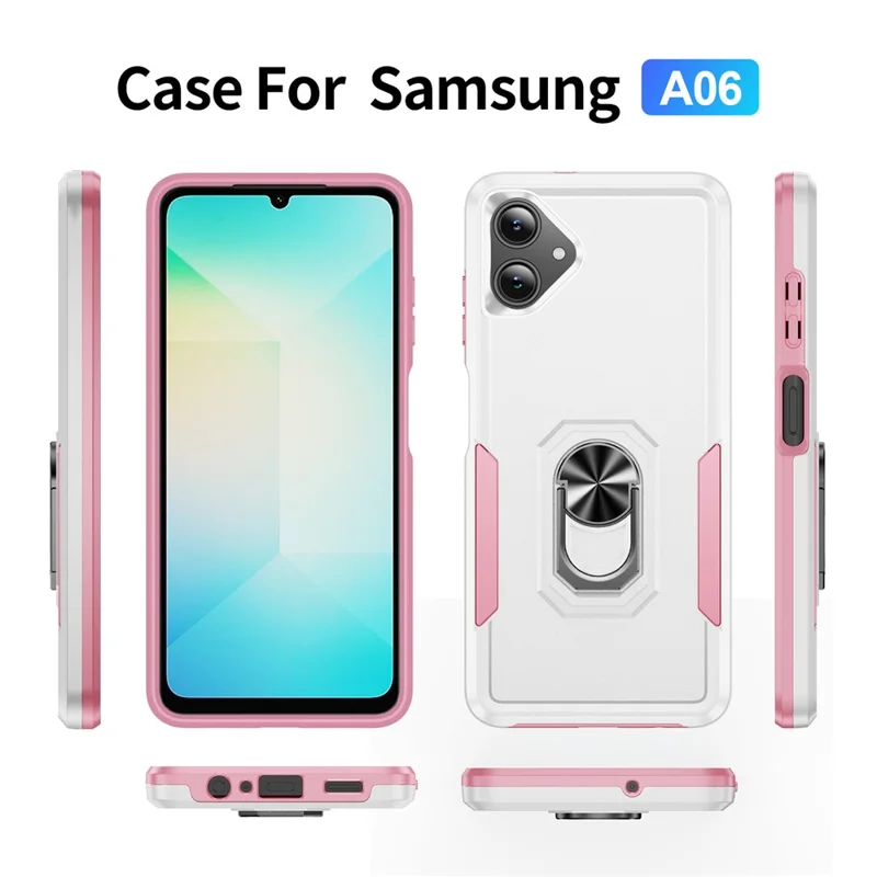 For Samsung Galaxy A06 5G Case Military Grade Ring Kickstand PC + TPU Phone Cover - White + Pink