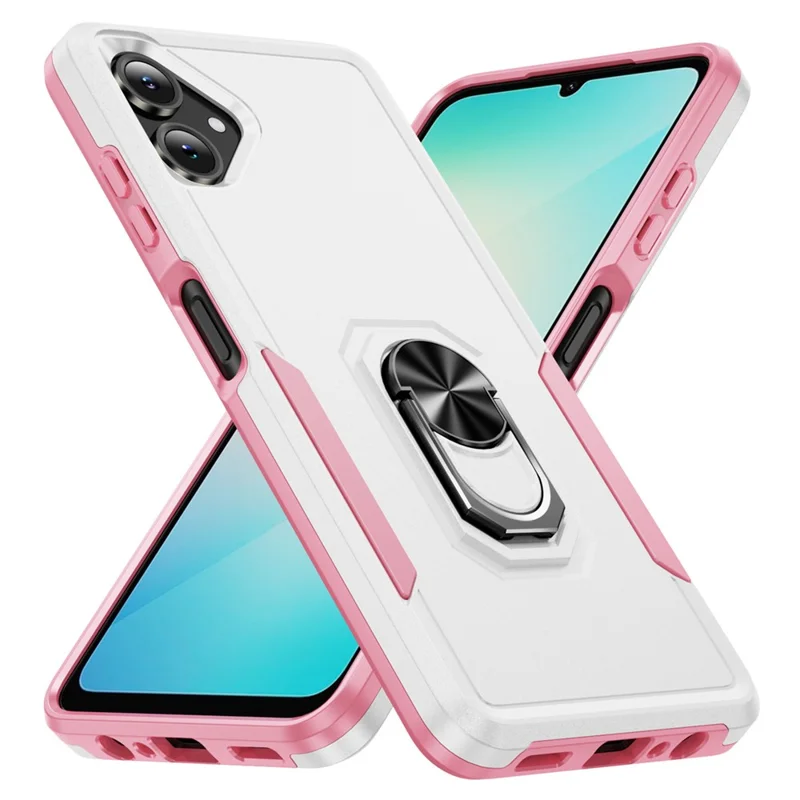 For Samsung Galaxy A06 5G Case Military Grade Ring Kickstand PC + TPU Phone Cover - White + Pink