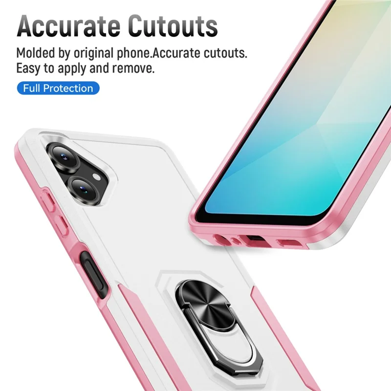 For Samsung Galaxy A06 5G Case Military Grade Ring Kickstand PC + TPU Phone Cover - White + Pink