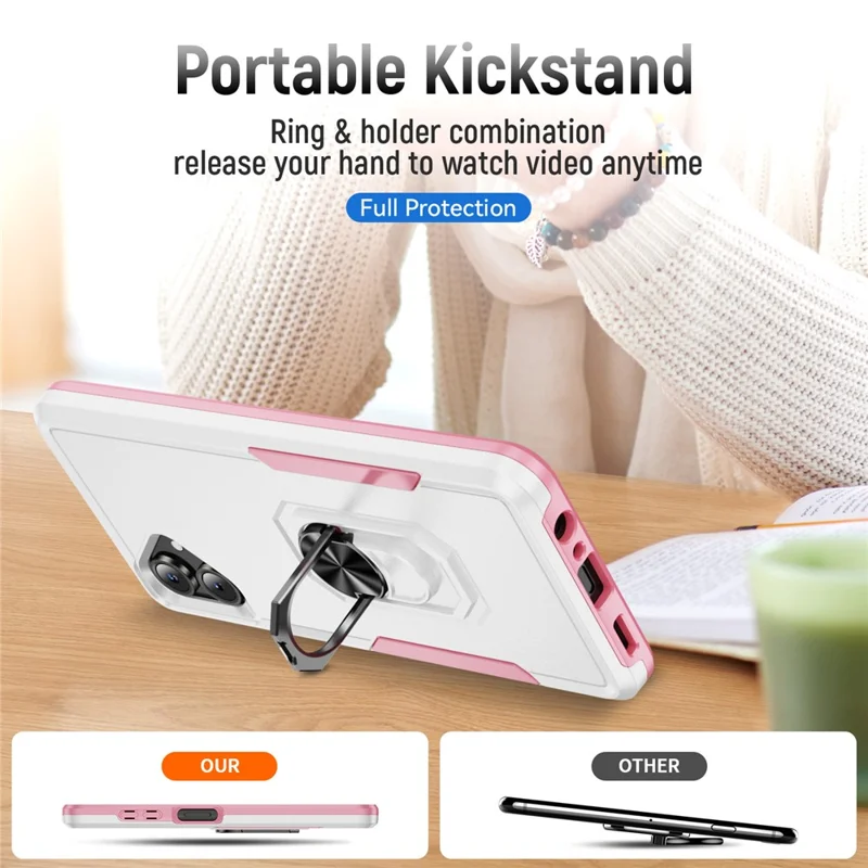 For Samsung Galaxy A06 5G Case Military Grade Ring Kickstand PC + TPU Phone Cover - White + Pink