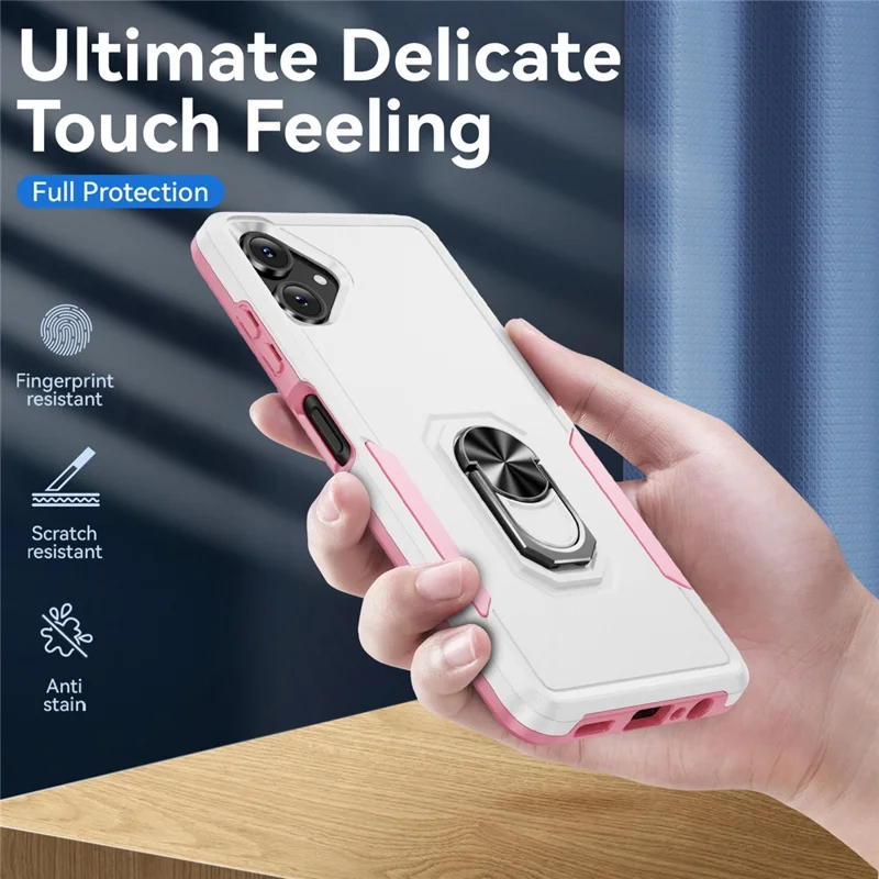 For Samsung Galaxy A06 5G Case Military Grade Ring Kickstand PC + TPU Phone Cover - White + Pink
