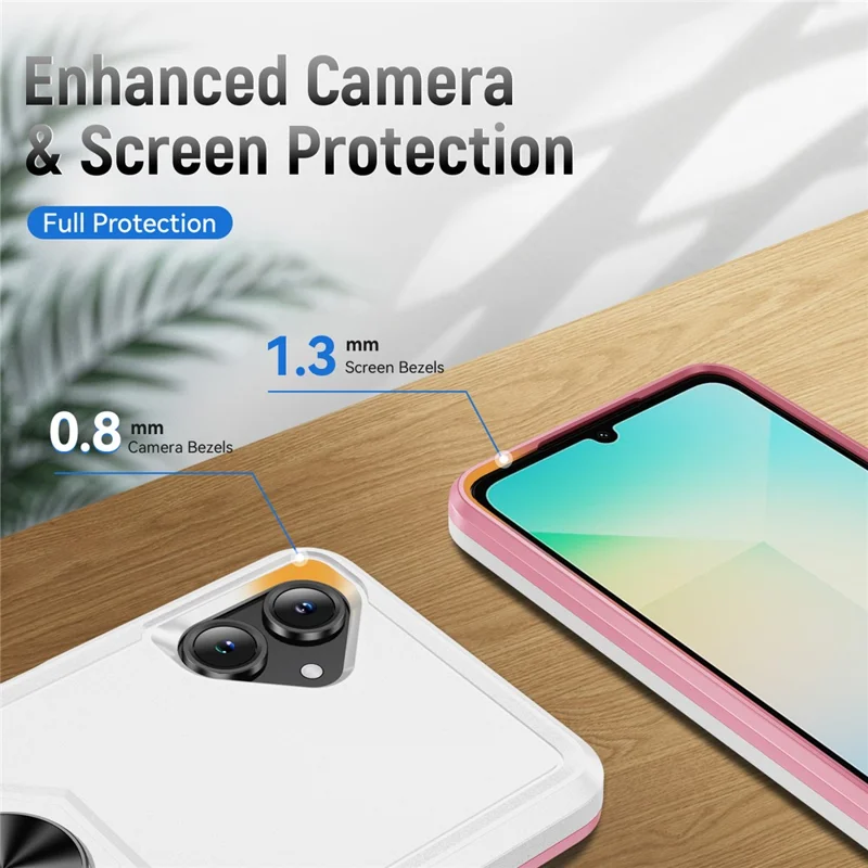 For Samsung Galaxy A06 5G Case Military Grade Ring Kickstand PC + TPU Phone Cover - White + Pink