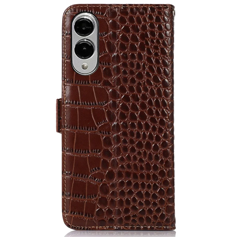 For Samsung Galaxy S25 Edge Case Wallet Crocodile Texture Genuine Cow Leather Phone Cover - Brown