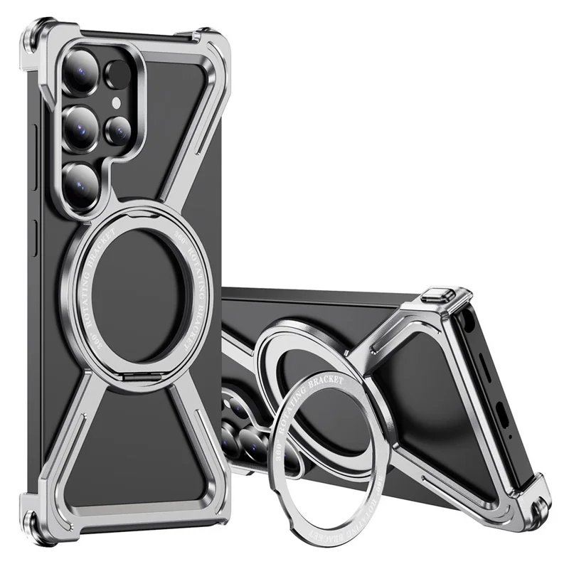 Für Samsung Galaxy S25 Ultra Magnetische Hülle Militärstandard Stoßfest 360° Drehbarer Ständer Titan-Legierung Bumper Handyhülle - Silber