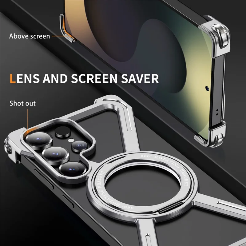 Für Samsung Galaxy S25 Ultra Magnetische Hülle Militärstandard Stoßfest 360° Drehbarer Ständer Titan-Legierung Bumper Handyhülle - Silber
