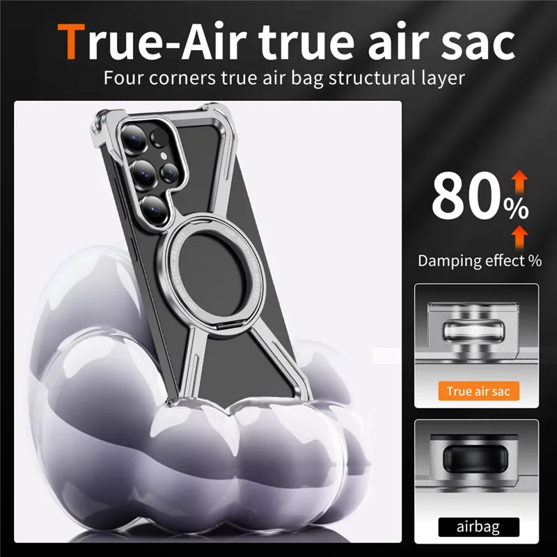 Für Samsung Galaxy S25 Ultra Magnetische Hülle Militärstandard Stoßfest 360° Drehbarer Ständer Titan-Legierung Bumper Handyhülle - Silber