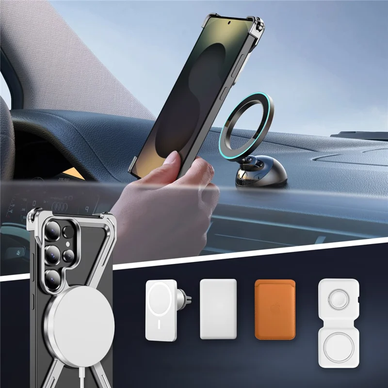Für Samsung Galaxy S25 Ultra Magnetische Hülle Militärstandard Stoßfest 360° Drehbarer Ständer Titan-Legierung Bumper Handyhülle - Silber