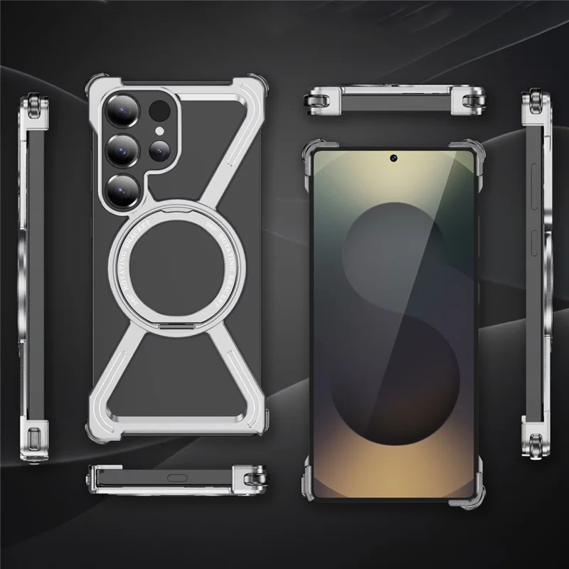 Für Samsung Galaxy S25 Ultra Magnetische Hülle Militärstandard Stoßfest 360° Drehbarer Ständer Titan-Legierung Bumper Handyhülle - Silber