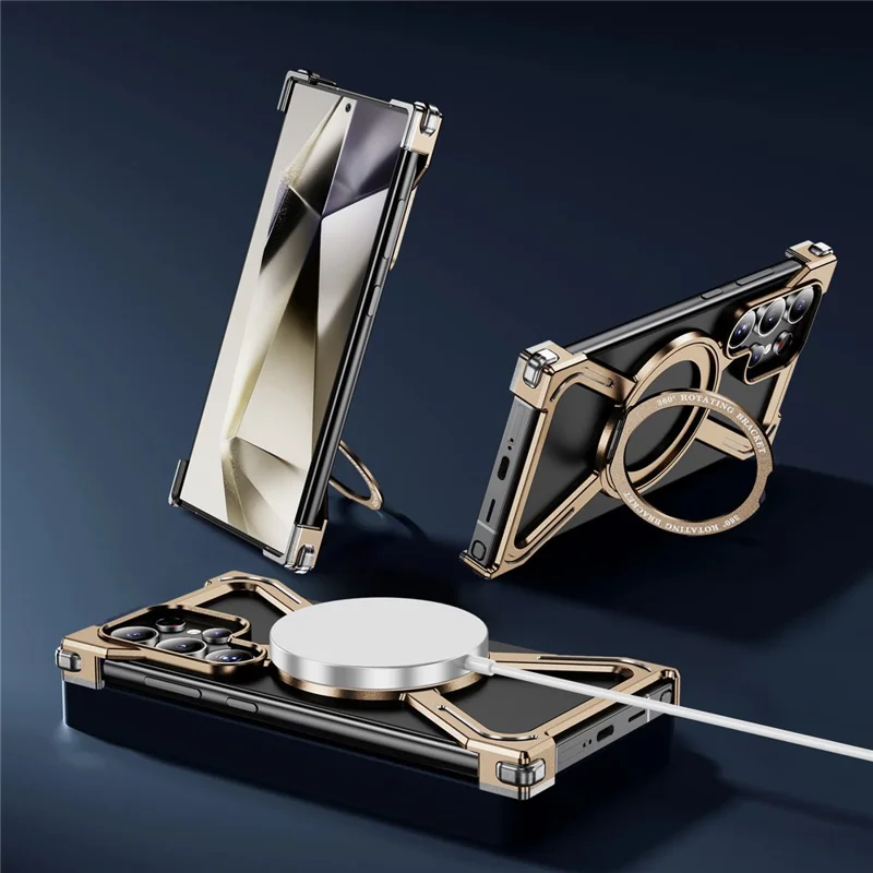 For Samsung Galaxy S23 Ultra Case Military Grade Anti Drop Rotating Kickstand Titanium Alloy Bumper Phone Cover - Desert Gold