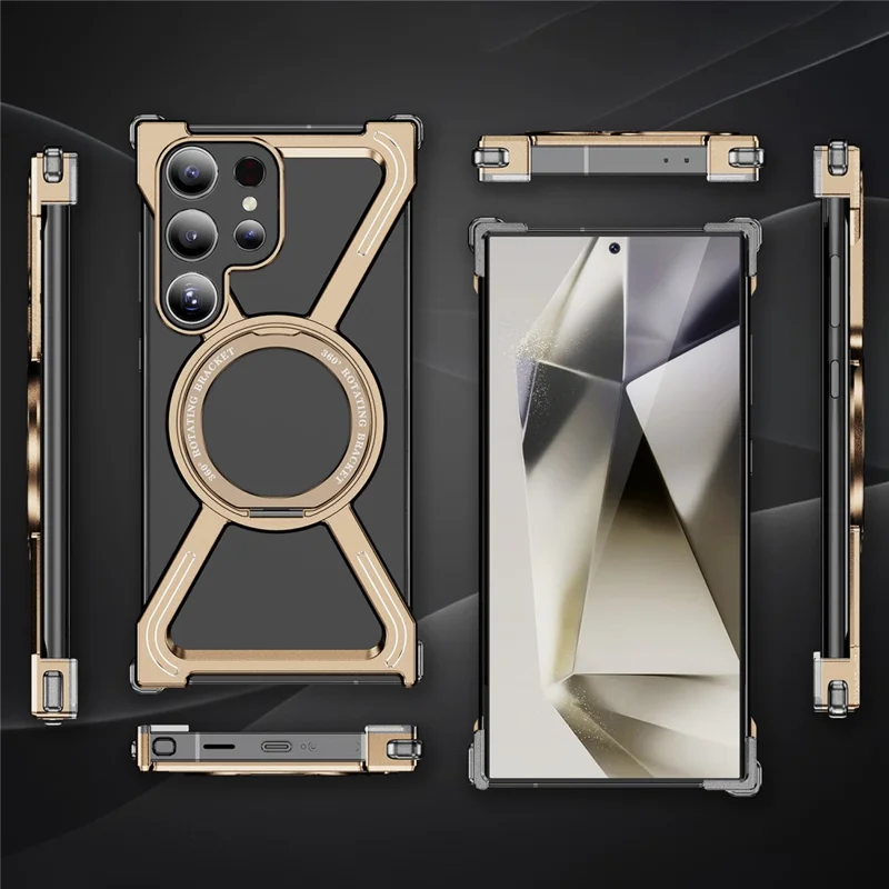 For Samsung Galaxy S23 Ultra Case Military Grade Anti Drop Rotating Kickstand Titanium Alloy Bumper Phone Cover - Desert Gold