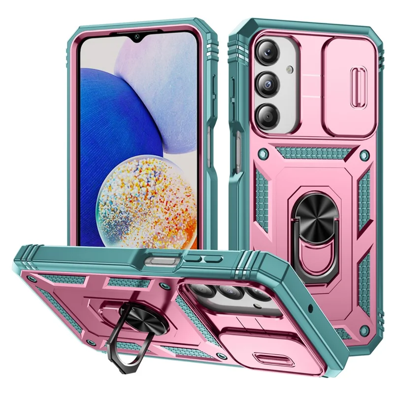 For Samsung Galaxy A26 5G Case TPU+PC Slide Camshield Kickstand Phone Cover - Pink  /  Green