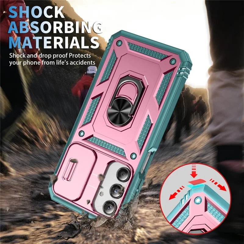 For Samsung Galaxy A26 5G Case TPU+PC Slide Camshield Kickstand Phone Cover - Pink  /  Green