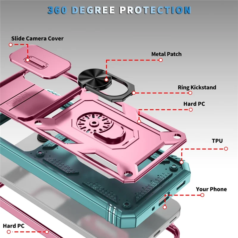 For Samsung Galaxy A26 5G Case TPU+PC Slide Camshield Kickstand Phone Cover - Pink  /  Green