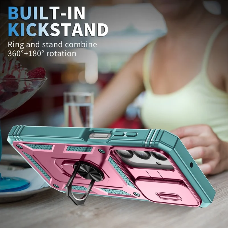 For Samsung Galaxy A26 5G Case TPU+PC Slide Camshield Kickstand Phone Cover - Pink  /  Green