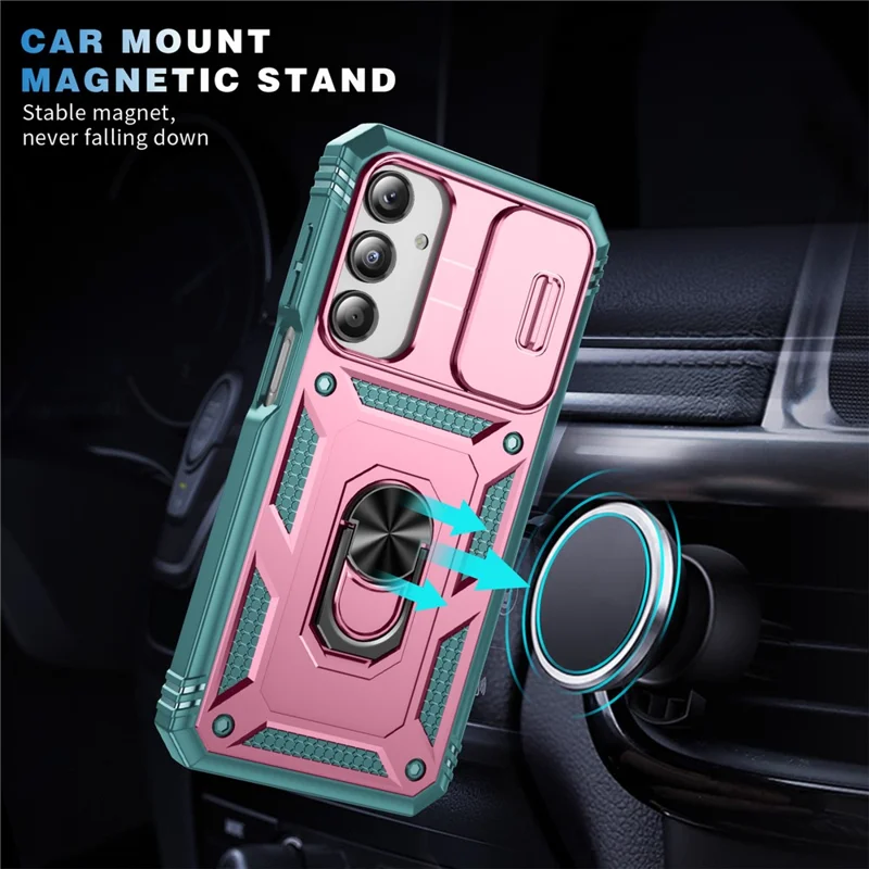 For Samsung Galaxy A26 5G Case TPU+PC Slide Camshield Kickstand Phone Cover - Pink  /  Green