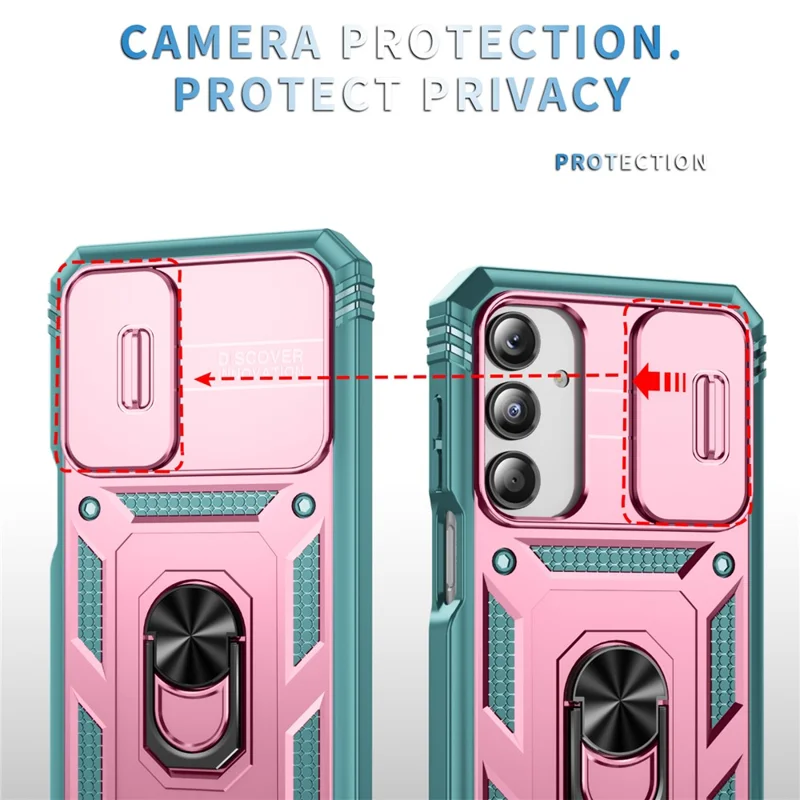 For Samsung Galaxy A26 5G Case TPU+PC Slide Camshield Kickstand Phone Cover - Pink  /  Green
