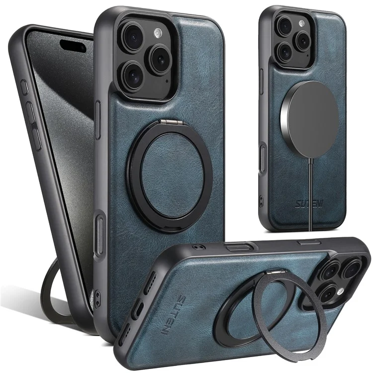SUTENI G3 Hülle für iPhone 16 Pro Max, kompatibel mit MagSafe, Lederhülle mit Wachstextur, 360° drehbarem Ständer - Blau