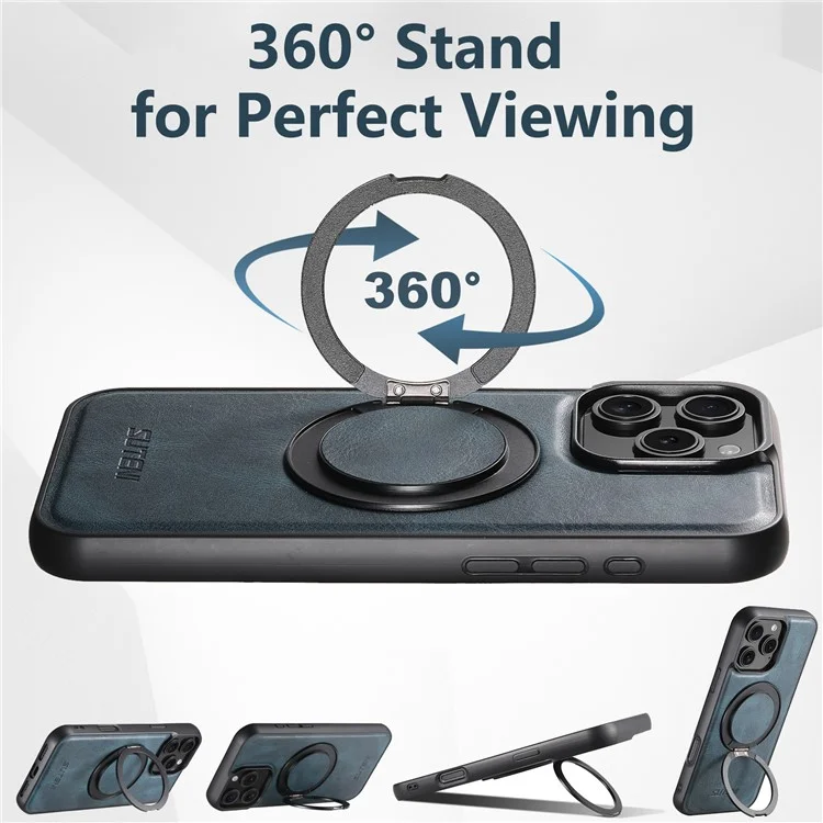 SUTENI G3 Hülle für iPhone 16 Pro Max, kompatibel mit MagSafe, Lederhülle mit Wachstextur, 360° drehbarem Ständer - Blau