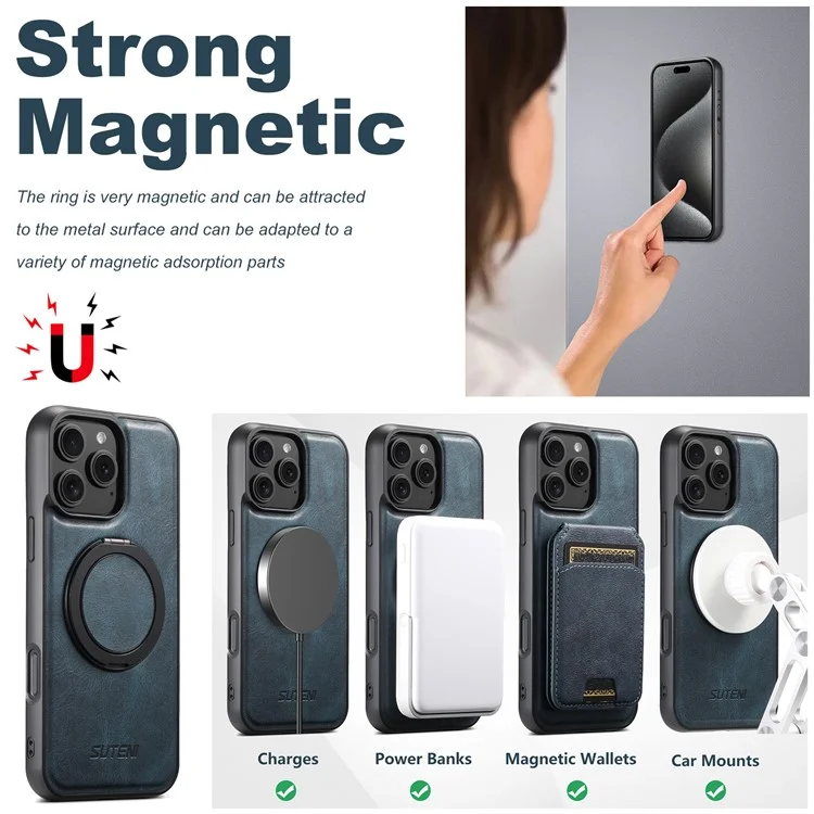 SUTENI G3 Hülle für iPhone 16 Pro Max, kompatibel mit MagSafe, Lederhülle mit Wachstextur, 360° drehbarem Ständer - Blau