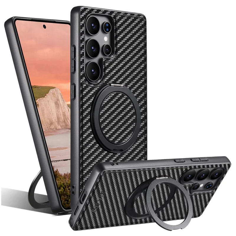 SUTENI G3 For Samsung Galaxy S23 Ultra Magnetic Case Rotating Kickstand Carbon Fiber Texture Leather Phone Back Cover