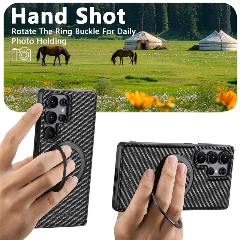 SUTENI G3 For Samsung Galaxy S23 Ultra Magnetic Case Rotating Kickstand Carbon Fiber Texture Leather Phone Back Cover