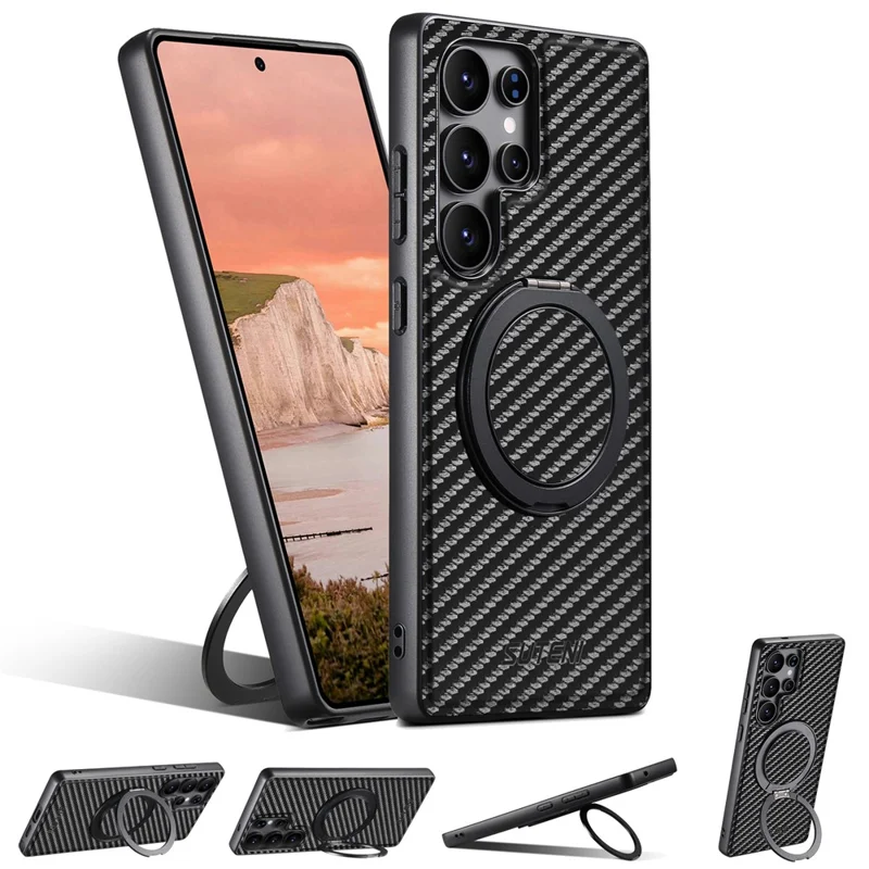 SUTENI G3 For Samsung Galaxy S22 Ultra 5G Magnetic Case Rotating Kickstand Carbon Fiber Texture Leather Phone Back Cover