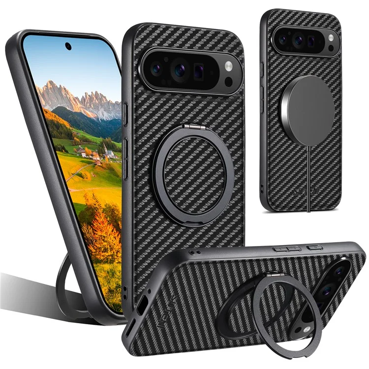 Чехол SUTENI G3 для Google Pixel 9 Pro XL, совместимый с MagSafe, с текстурой углеродного волокна, поворотной подставкой и кожаной задней крышкой
