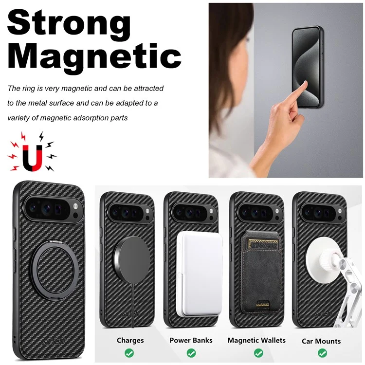 Чехол SUTENI G3 для Google Pixel 9 Pro XL, совместимый с MagSafe, с текстурой углеродного волокна, поворотной подставкой и кожаной задней крышкой