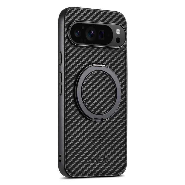Чехол SUTENI G3 для Google Pixel 9 Pro XL, совместимый с MagSafe, с текстурой углеродного волокна, поворотной подставкой и кожаной задней крышкой