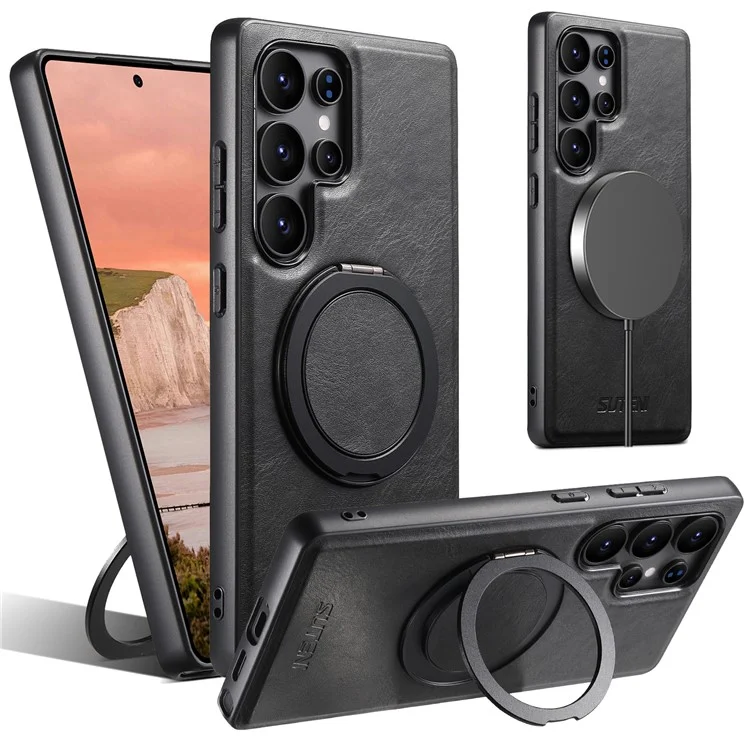 SUTENI G3 Чехол для Samsung Galaxy S24 Ultra, совместимый с MagSafe, с текстурой под кожу, с поворотной подставкой 360°, кожаная задняя крышка - Черный