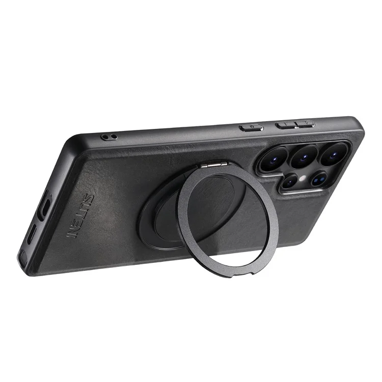 SUTENI G3 Чехол для Samsung Galaxy S24 Ultra, совместимый с MagSafe, с текстурой под кожу, с поворотной подставкой 360°, кожаная задняя крышка - Черный