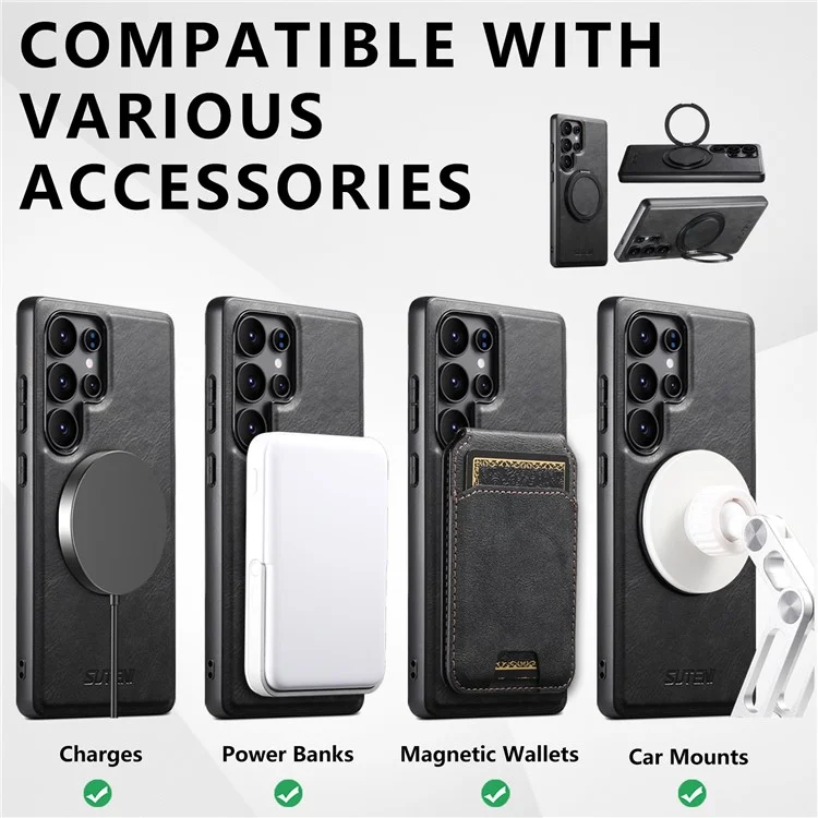 SUTENI G3 Чехол для Samsung Galaxy S24 Ultra, совместимый с MagSafe, с текстурой под кожу, с поворотной подставкой 360°, кожаная задняя крышка - Черный