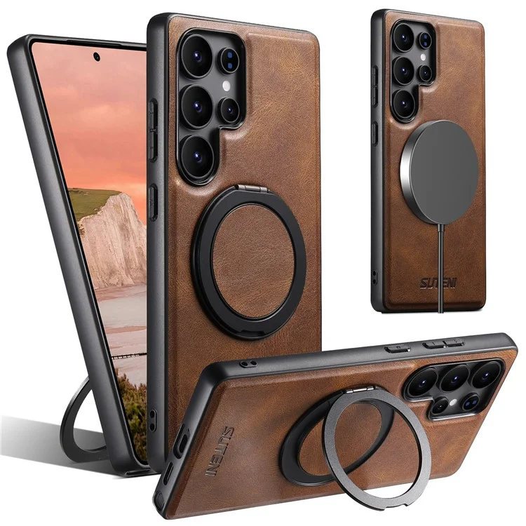 SUTENI G3 For Samsung Galaxy S24 Ultra Case Compatible with MagSafe Waxy Texture 360° Rotating Kickstand Leather Phone Back Cover - Brown