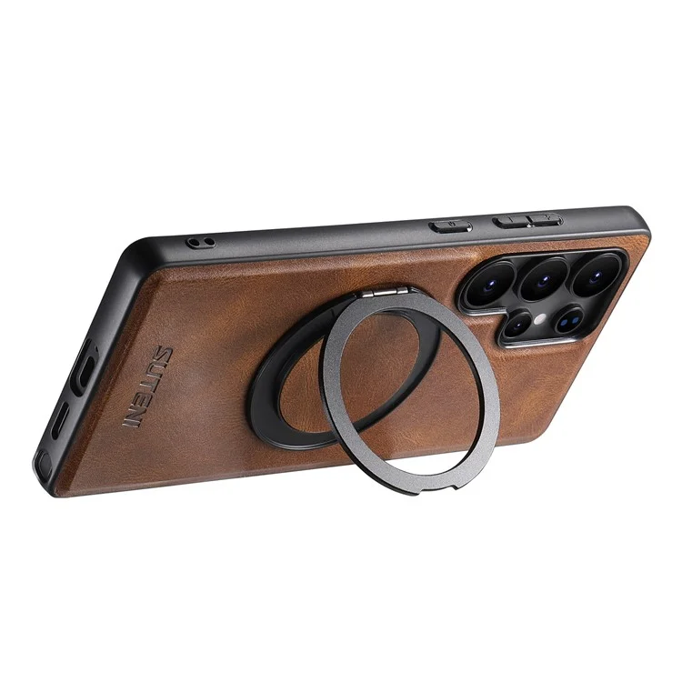 SUTENI G3 For Samsung Galaxy S24 Ultra Case Compatible with MagSafe Waxy Texture 360° Rotating Kickstand Leather Phone Back Cover - Brown