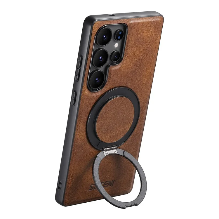 SUTENI G3 For Samsung Galaxy S24 Ultra Case Compatible with MagSafe Waxy Texture 360° Rotating Kickstand Leather Phone Back Cover - Brown